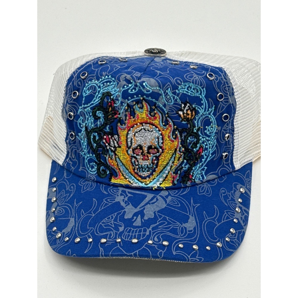 Blue Flaming Skull Rhinestone Studded Trucker Hat Snapback Mesh Cap Y2K Style